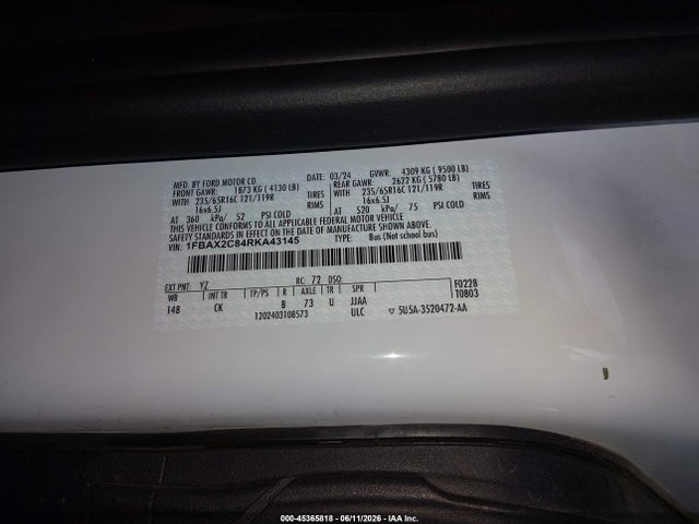 Продажа на аукционе авто 2024 Ford Transit-350 Passenger Van Xlt, vin: 1FBAX2C84RKA43145, номер лота: 45365818