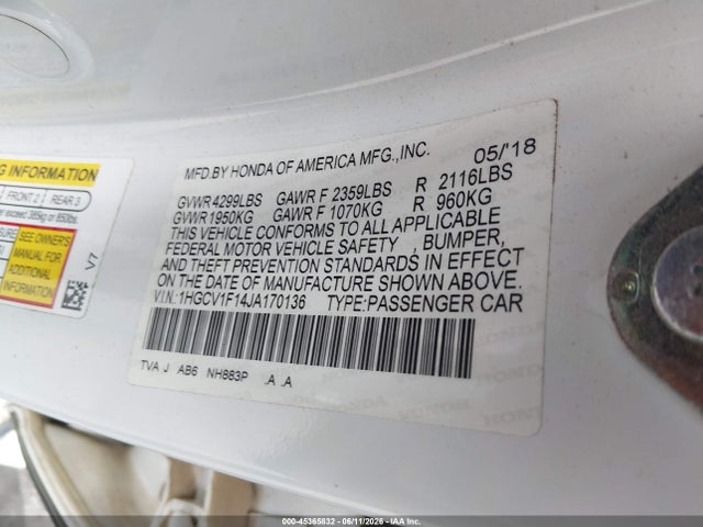 Продажа на аукционе авто 2018 Honda Accord Lx, vin: 1HGCV1F14JA170136, номер лота: 45365832