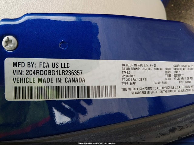 Aukcja sprzedaży 2020 Dodge Grand Caravan Se, vin: 2C4RDGBG1LR236357, numer aukcji: 45365842