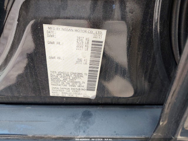 Aukcja sprzedaży 2016 Nissan Altima 2.5/2.5 S/2.5 Sl/2.5 Sr/2.5 Sv, vin: 1N4AL3APXGN305890, numer aukcji: 45365850