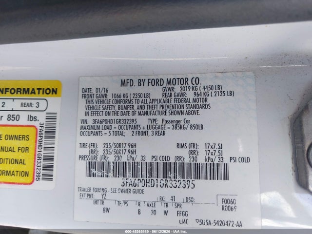 Ford FUSION SE 2016 3FA6P0HD1GR332395 Image 9