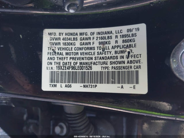 Aukcja sprzedaży 2020 Honda Insight Touring, vin: 19XZE4F96LE001526, numer aukcji: 45365874