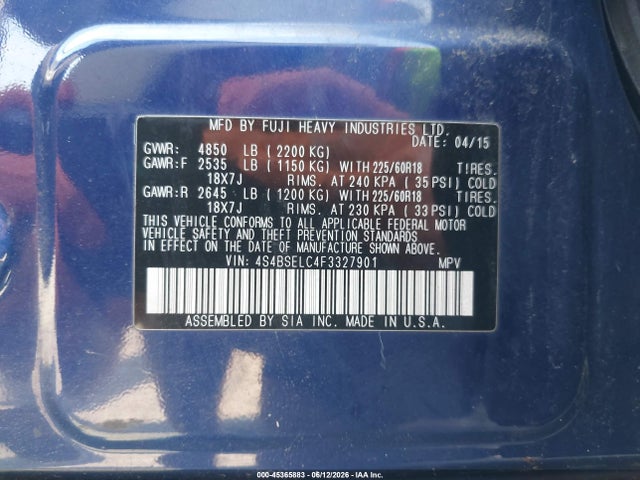Subaru Outback 3.6r Limited 2015 4S4BSELC4F3327901 Image 9