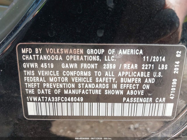 1VWAT7A33FC046049 Volkswagen Passat 1.8t Wolfsburg Edition