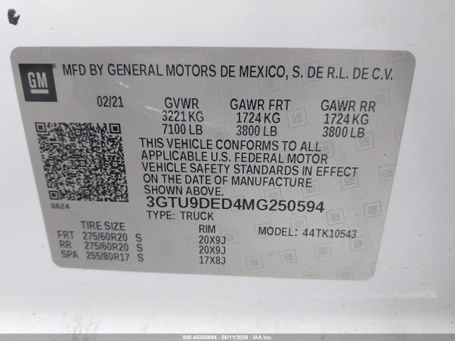 2021 Gmc Sierra 1500 მანქანა იყიდება აუქციონზე, vin: 3GTU9DED4MG250594, აუქციონის ნომერი: 45365894
