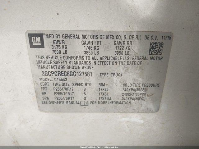 Продаж на аукціоні авто 2016 Chevrolet Silverado 1500 Lt, vin: 3GCPCREC6GG127581, номер лоту: 45365896