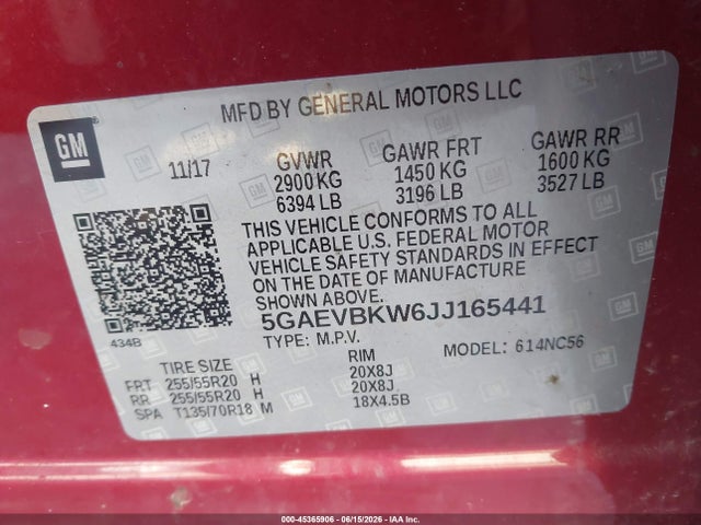 Aukcja sprzedaży 2018 Buick Enclave Premium, vin: 5GAEVBKW6JJ165441, numer aukcji: 45365906