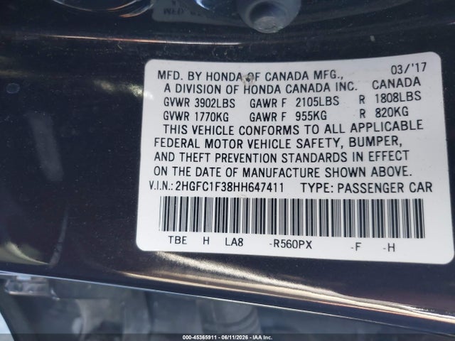 2HGFC1F38HH647411 Honda Civic Ex-t