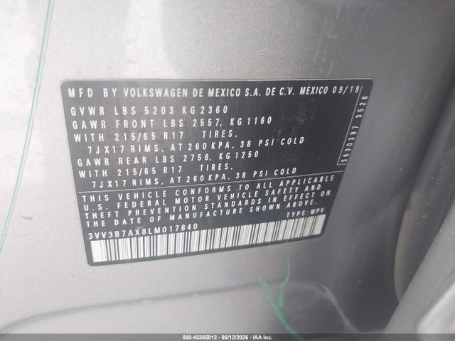 2020 Volkswagen Tiguan 2.0t Se/2.0t Se R-line Black/2.0t Sel მანქანა იყიდება აუქციონზე, vin: 3VV3B7AX8LM017840, აუქციონის ნომერი: 45365912