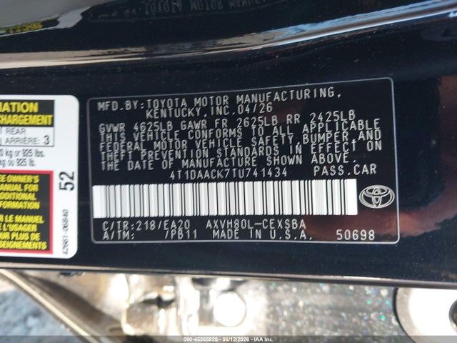 45365928 :رقم المزاد ، 4T1DAACK7TU741434 vin ، 2026 Toyota Camry Se مزاد بيع