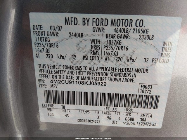 Продаж на аукціоні авто 2008 Mercury Mariner V6, vin: 4M2CU91108KJ05922, номер лоту: 45365934