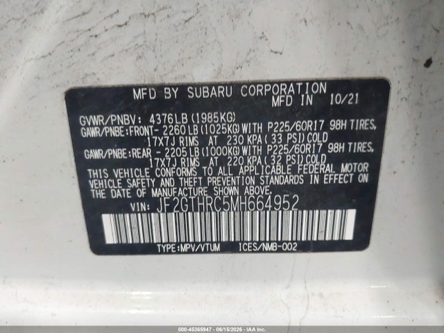 Продажа на аукционе авто 2021 Subaru Crosstrek Sport, vin: JF2GTHRC5MH664952, номер лота: 45365947