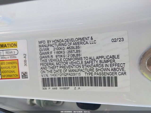 1HGCY2F52PA009115 Honda Accord Hybrid Sport