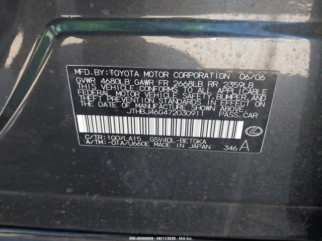 Aukcja sprzedaży 2007 Lexus Es 350, vin: JTHBJ46G472030911, numer aukcji: 45365956