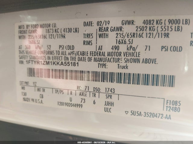 45365961 :رقم المزاد ، 1FTYR1ZM1KKA55181 vin ، 2019 Ford Transit-250 مزاد بيع
