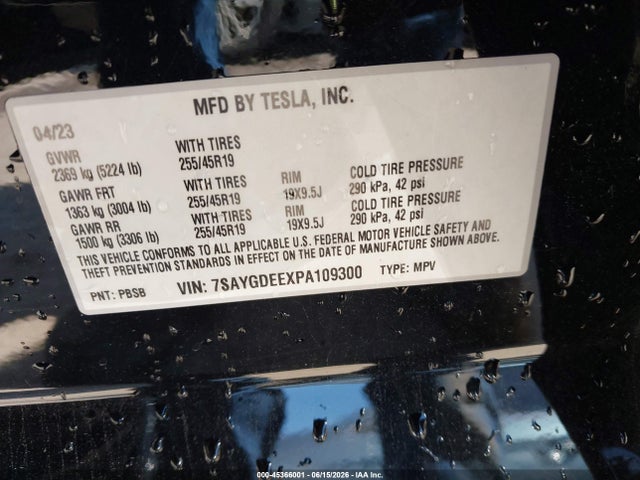 2023 Tesla Model Y Awd/long Range Dual Motor All-wheel Drive მანქანა იყიდება აუქციონზე, vin: 7SAYGDEEXPA109300, აუქციონის ნომერი: 45366001