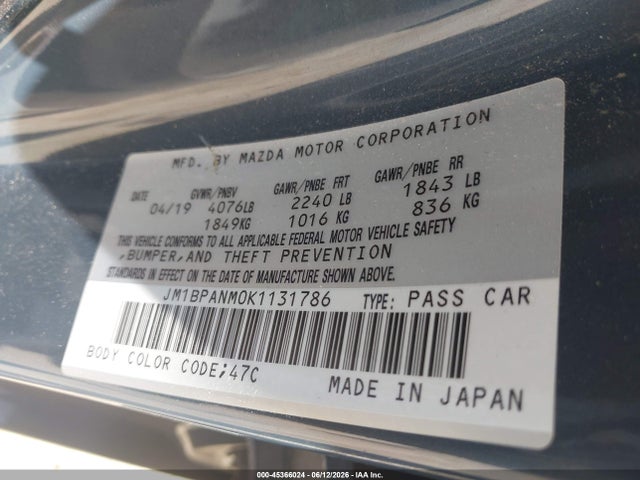 Aukcja sprzedaży 2019 Mazda Mazda3 Premium Package, vin: JM1BPANM0K1131786, numer aukcji: 45366024