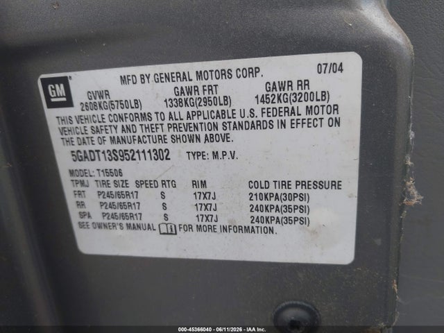 Продажа на аукционе авто 2005 Buick Rainier Cxl, vin: 5GADT13S952111302, номер лота: 45366040