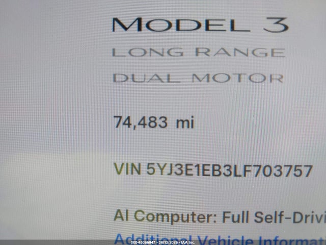 Продажа на аукционе авто 2020 Tesla Model 3 Long Range Dual Motor All-wheel Drive, vin: 5YJ3E1EB3LF703757, номер лота: 45366047