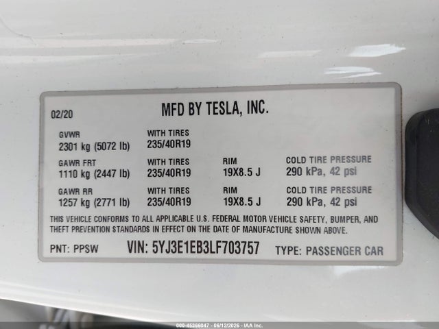 Продажа на аукционе авто 2020 Tesla Model 3 Long Range Dual Motor All-wheel Drive, vin: 5YJ3E1EB3LF703757, номер лота: 45366047