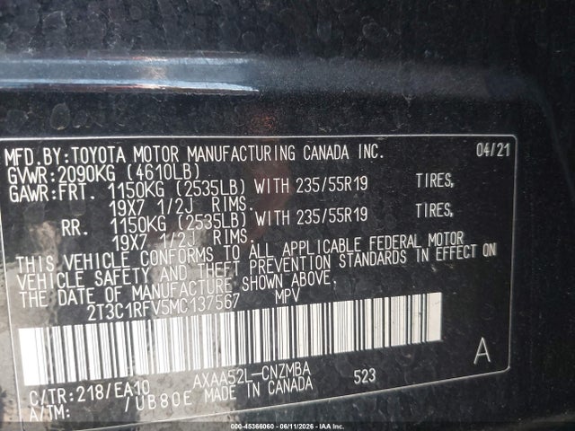 2T3C1RFV5MC137567 Toyota Rav4 Xle Premium