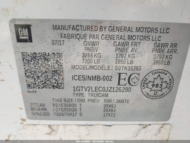 Продаж на аукціоні авто 2018 Gmc Sierra 1500, vin: 1GTV2LEC0JZ126280, номер лоту: 45366097