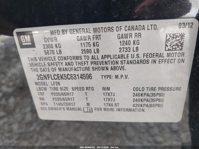 2012 Chevrolet Equinox Ls მანქანა იყიდება აუქციონზე, vin: 2GNFLCEK5C6314596, აუქციონის ნომერი: 45366102