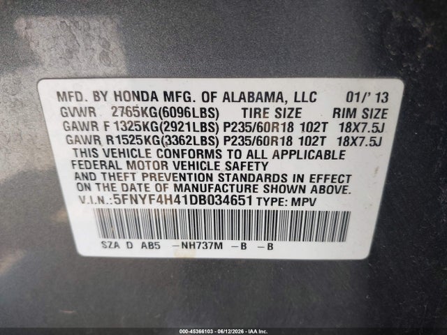 Продажа на аукционе авто 2013 Honda Pilot Ex, vin: 5FNYF4H41DB034651, номер лота: 45366103