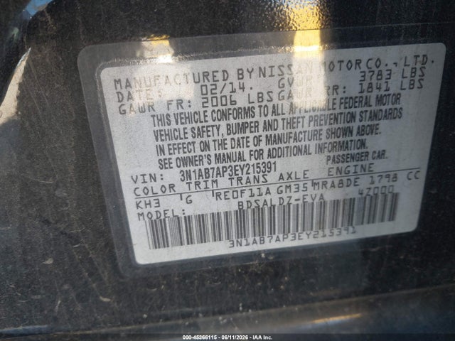 Aukcja sprzedaży 2014 Nissan Sentra Fe+ S/fe+ Sv/s/sl/sr/sv, vin: 3N1AB7AP3EY215391, numer aukcji: 45366115