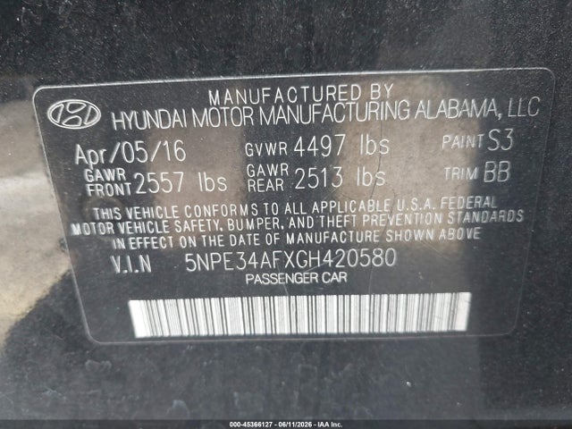 Aukcja sprzedaży 2016 Hyundai Sonata Sport, vin: 5NPE34AFXGH420580, numer aukcji: 45366127