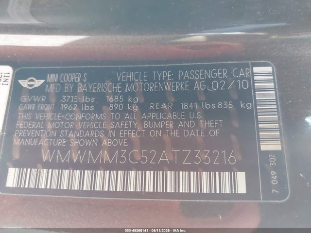 Aukcja sprzedaży 2010 Mini Cooper S Clubman, vin: WMWMM3C52ATZ33216, numer aukcji: 45366141