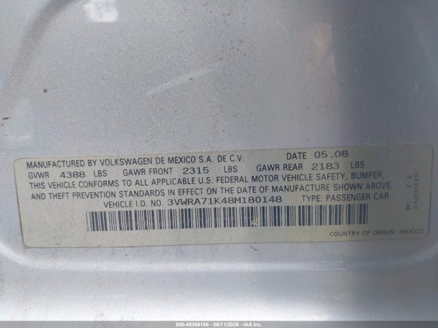 Aukcja sprzedaży 2008 Volkswagen Jetta Wolfsburg Edition, vin: 3VWRA71K48M180148, numer aukcji: 45366180