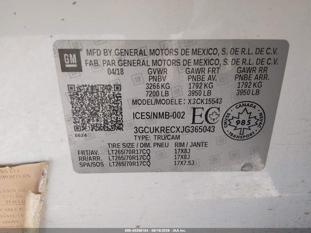 45366184 :رقم المزاد ، 3GCUKRECXJG365043 vin ، 2018 Chevrolet Silverado 1500 1lt مزاد بيع