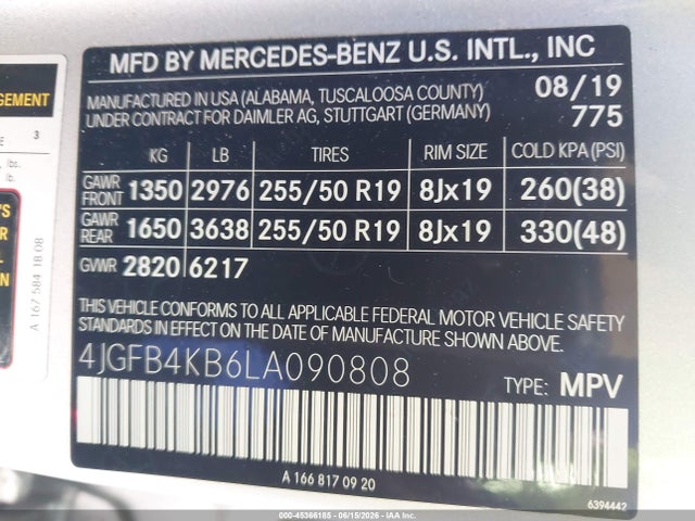 Aukcja sprzedaży 2020 Mercedes-benz Gle 350 4matic, vin: 4JGFB4KB6LA090808, numer aukcji: 45366185