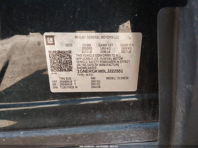 1GNERGKW0LJ222551 Chevrolet Traverse Fwd Lt Cloth