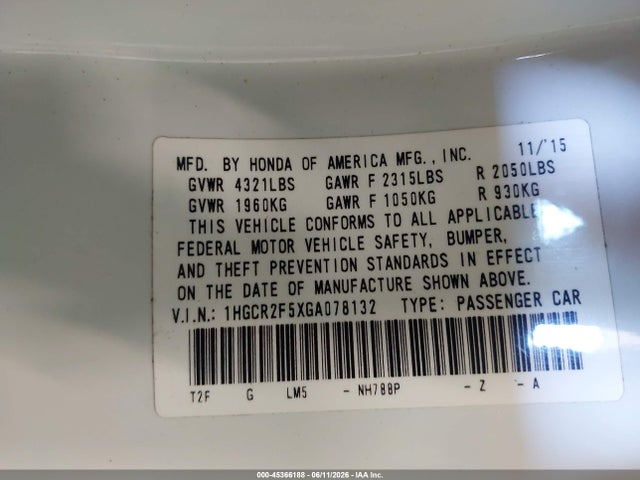1HGCR2F5XGA078132 Honda Accord Sport