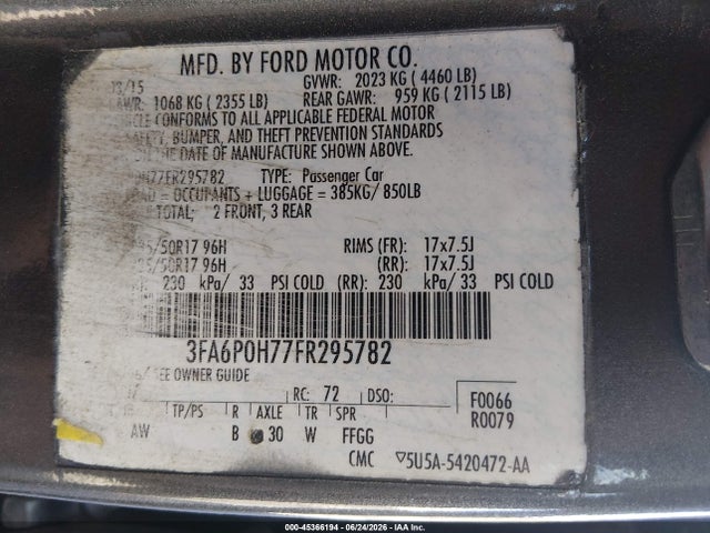 Ford FUSION SE 2015 3FA6P0H77FR295782 Image 9