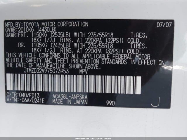 Aukcja sprzedaży 2007 Toyota Rav4 Sport, vin: JTMZD32V975073953, numer aukcji: 45366206