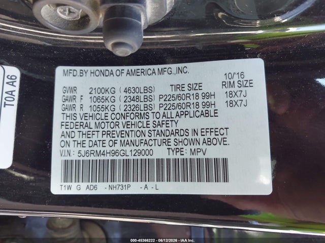 Honda Cr-v Touring 2016 5J6RM4H96GL129000 Image 9