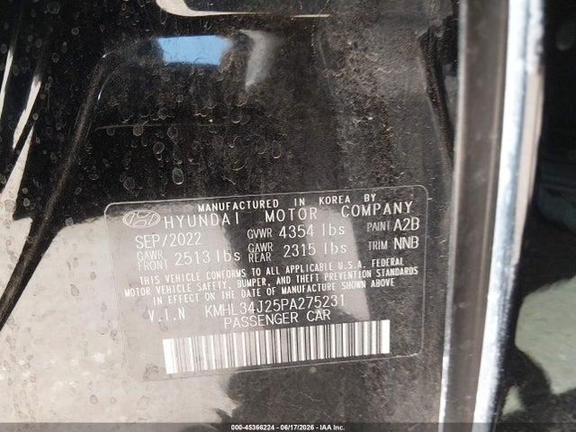 45366224 :رقم المزاد ، KMHL34J25PA275231 vin ، 2023 Hyundai Sonata Limited مزاد بيع