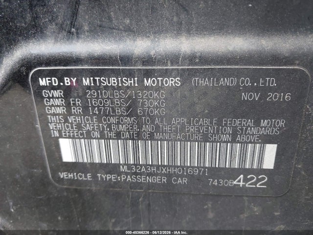 Продаж на аукціоні авто 2017 Mitsubishi Mirage Es, vin: ML32A3HJXHH016971, номер лоту: 45366226