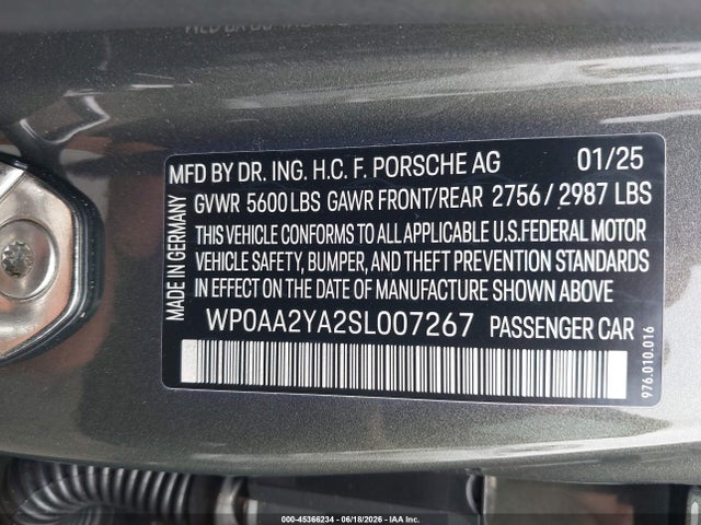 Продажа на аукционе авто 2025 Porsche Panamera 4, vin: WP0AA2YA2SL007267, номер лота: 45366234