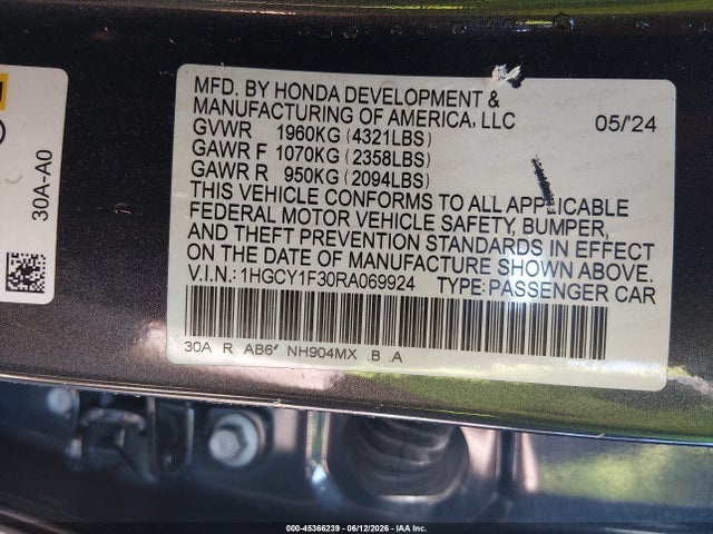 45366239 :رقم المزاد ، 1HGCY1F30RA069924 vin ، 2024 Honda Accord Ex مزاد بيع