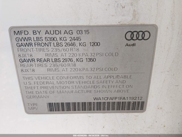 45366266 :رقم المزاد ، WA1CFAFP1FA119212 vin ، 2015 Audi Q5 2.0t Premium مزاد بيع
