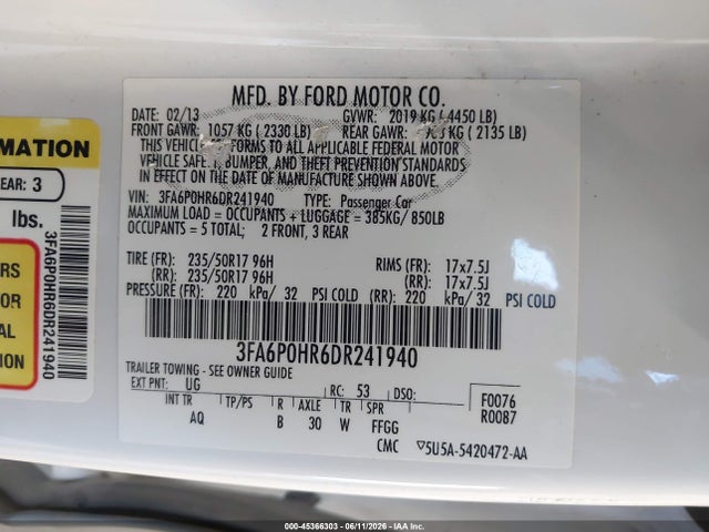 Aukcja sprzedaży 2013 Ford Fusion Se, vin: 3FA6P0HR6DR241940, numer aukcji: 45366303