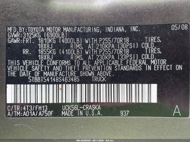 Aukcja sprzedaży 2008 Toyota Tundra Base 4.7l V8, vin: 5TBBT54148S463485, numer aukcji: 45366306