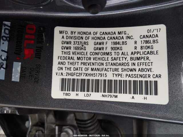 Honda CIVIC EX 2017 2HGFC2F7XHH517915 Image 9
