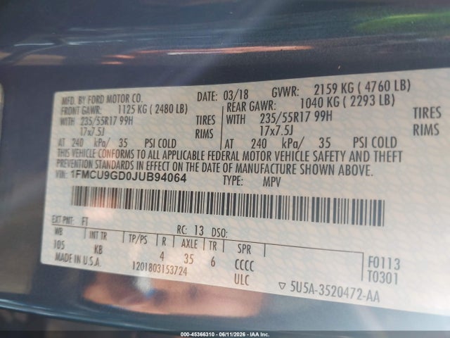 Продаж на аукціоні авто 2018 Ford Escape Se, vin: 1FMCU9GD0JUB94064, номер лоту: 45366310