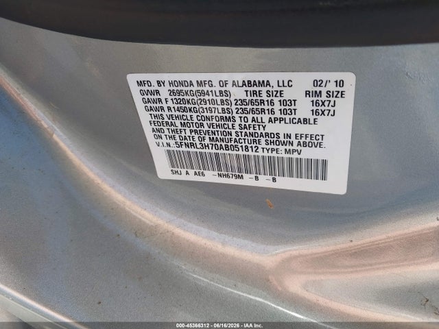 Продажа на аукционе авто 2010 Honda Odyssey Ex-l, vin: 5FNRL3H70AB051812, номер лота: 45366312