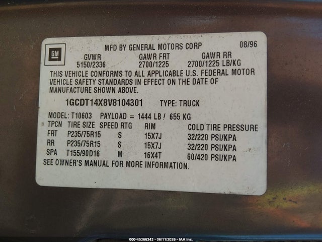 1997 Chevrolet S-10 Ls მანქანა იყიდება აუქციონზე, vin: 1GCDT14X8V8104301, აუქციონის ნომერი: 45366343